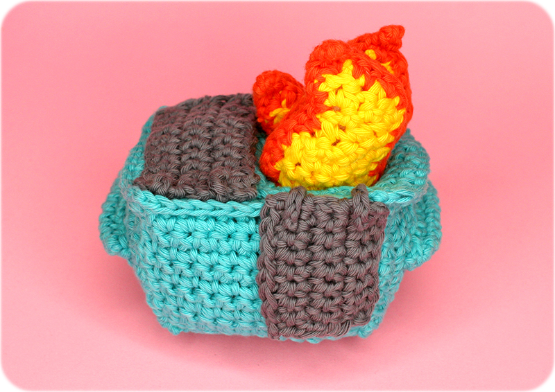 back view of crocheted dumpster fire