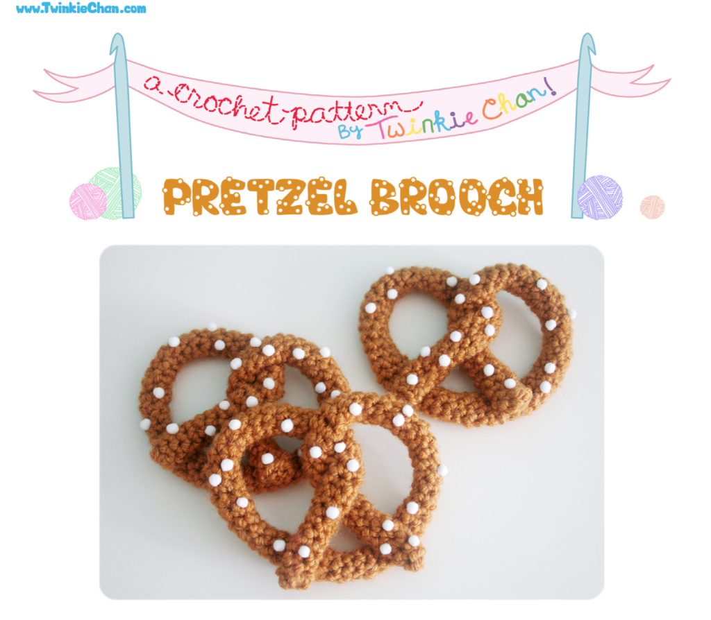 3 crocheted pretzel brooches