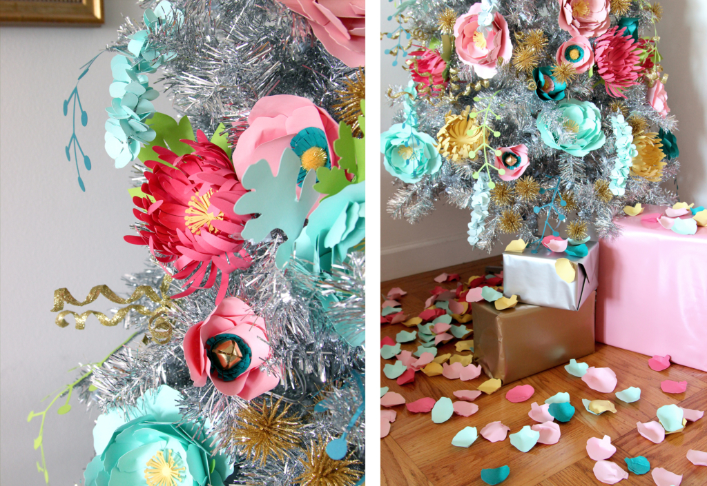 Photo collage of a silver Christmas tree with pastel floral decorations. The photo on the right shows a close up of the base of the tree, with a few wrapped presents and a scattering of paper petals