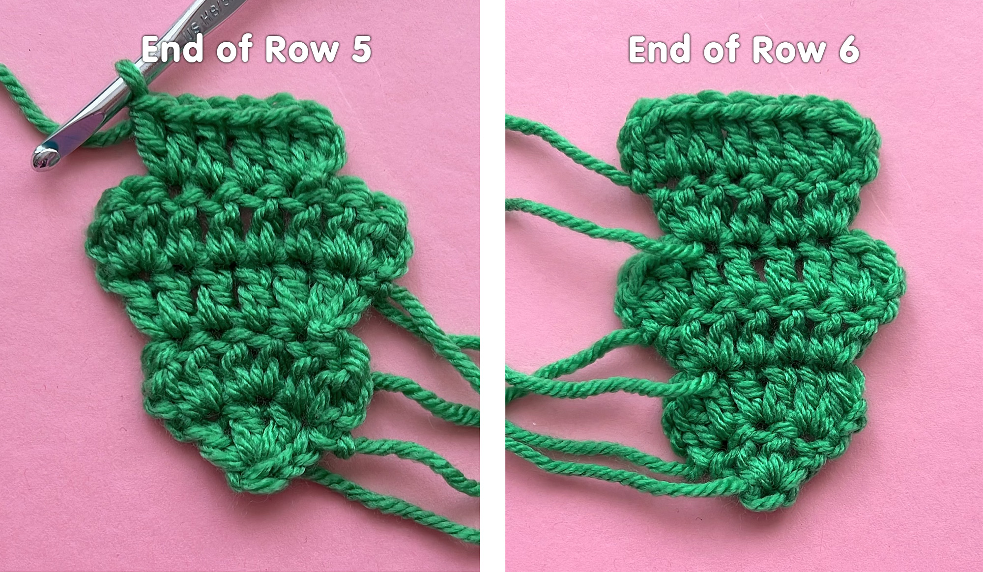 instructional photos of a small green Christmas tree being crocheted