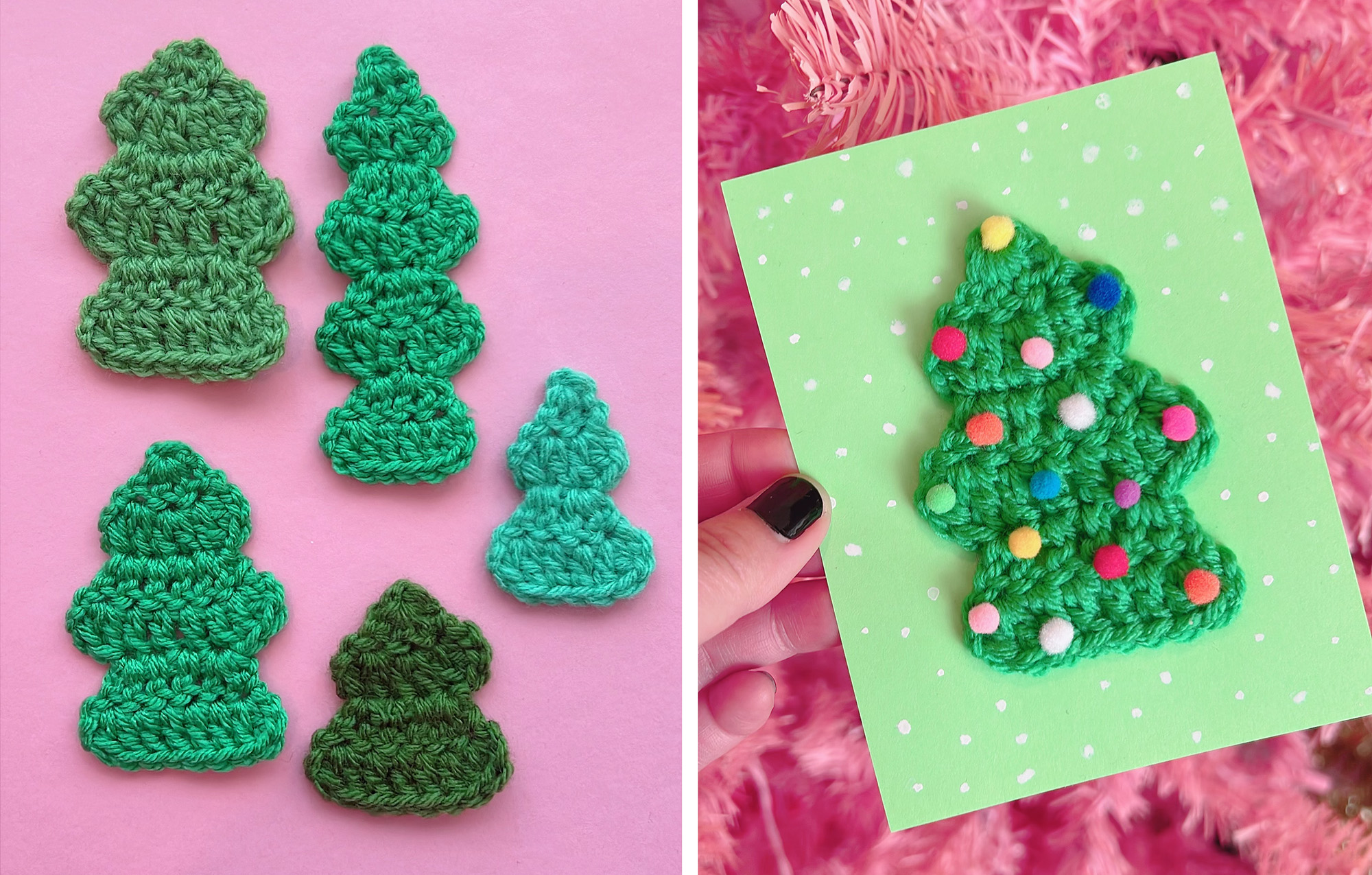 photo collage - on the left, a collection of small crocheted Christmas tree appliqués in various greens on pink background - on the right, a hand holding a crocheted tree appliqué on a holiday card decorated with white watercolor polka dots with a pink Christmas tree in the background