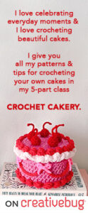 image of a pink and red crocheted cake and some text promoting a crochet class.